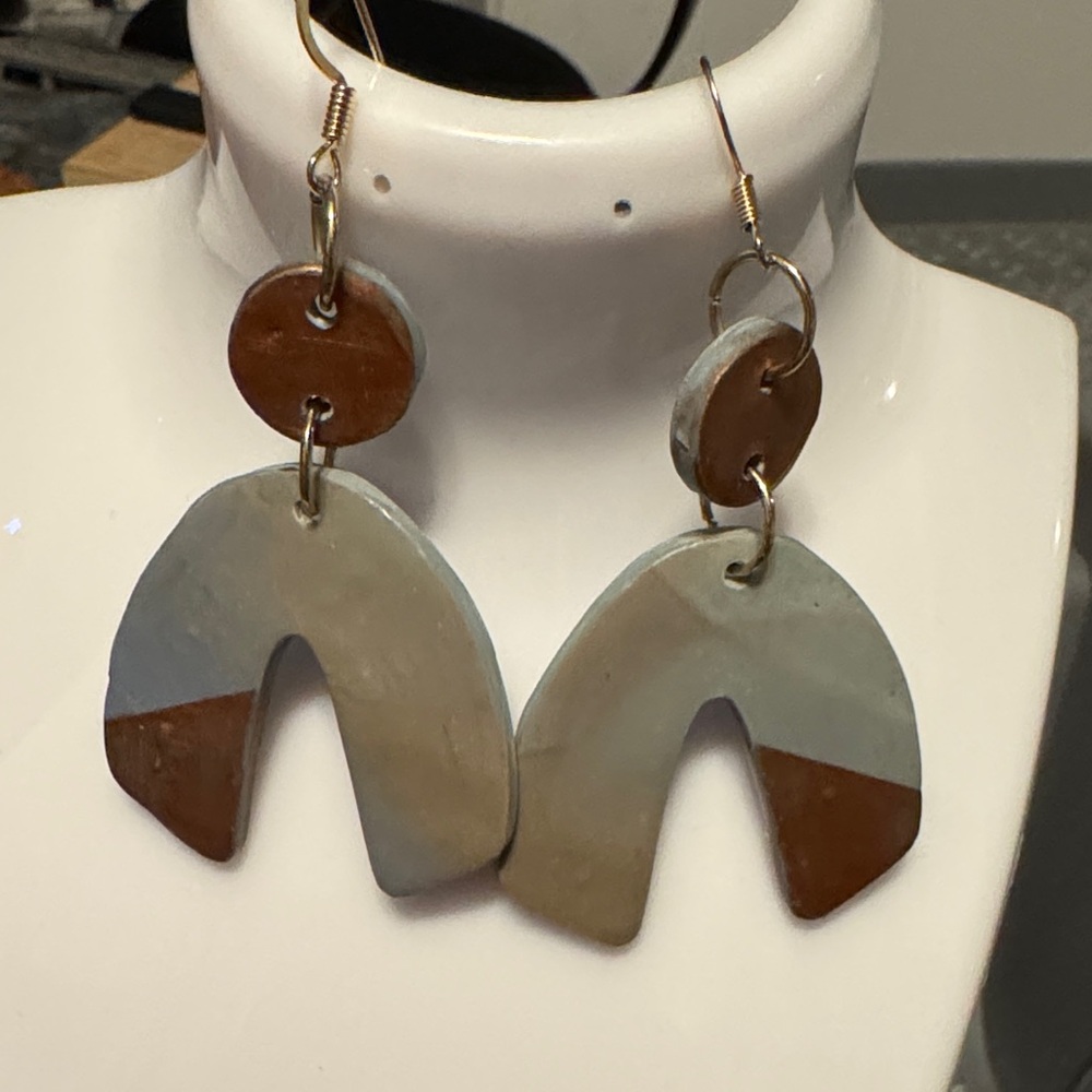 Handcrafted Two-Tone Arch Drop Earrings - Gray & Brown